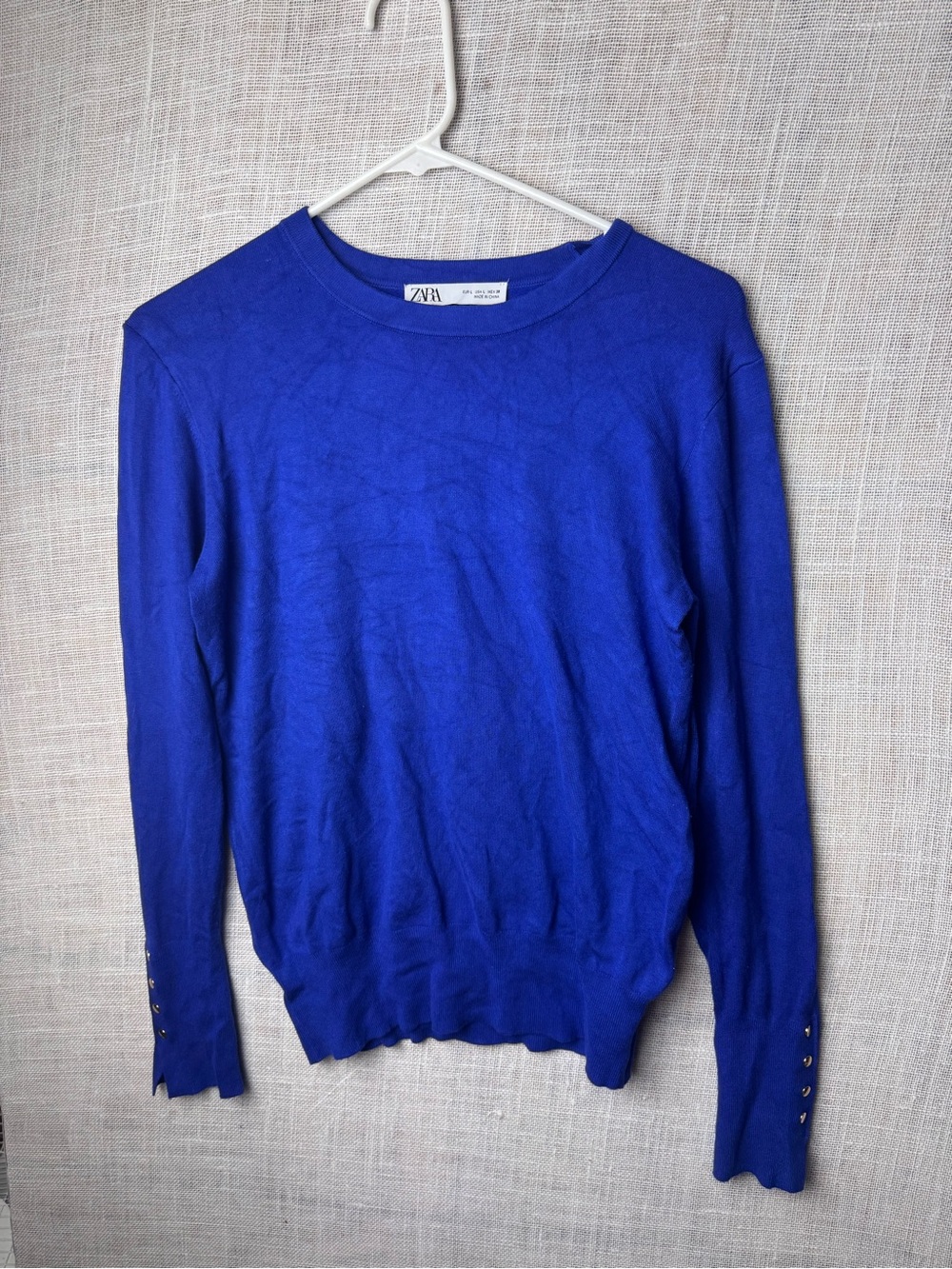 Zara Bright Cobalt Crewneck Sweater with Button Cuffs